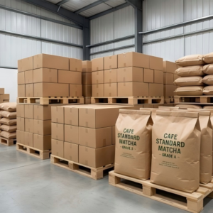 Warehouse pallets stacked with bulk matcha boxes ready for international shipping and large scale supply.