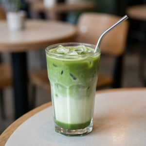 Iced matcha latte with distinct green and white layers served in a cafe setting.