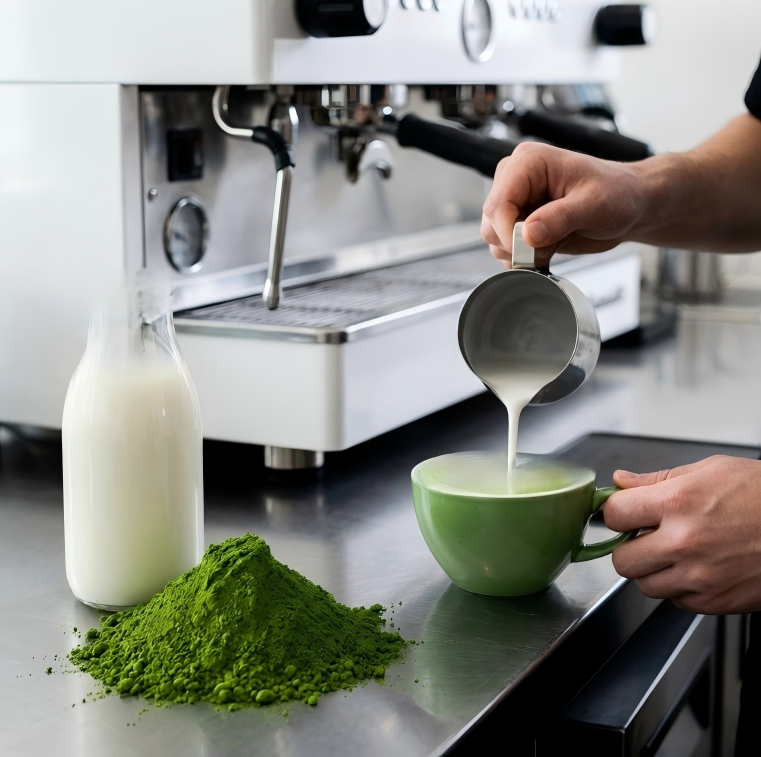 Professional cafe setting showing deep green barista reserve matcha powder next to fresh milk, with a barista pouring latte art in the background, highlighting its use for matcha lattes.