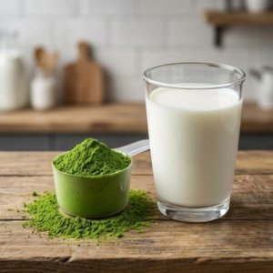 Barista reserve grade matcha powder displayed next to a glass of milk, perfect for making green tea lattes.