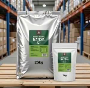 Wholesale matcha packaging including 25kg aluminum foil bulk bags and 1kg commercial pouches for coffee shops.