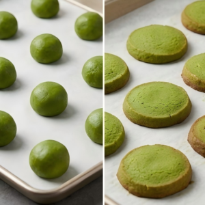 Before and after baking comparison of matcha dough and cookies, proving the heat stability of Grade B matcha.