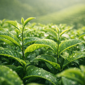 Close-up of fresh organic tea leaves with morning dew in a Guizhou highland tea garden, softly lit by natural sunlight.