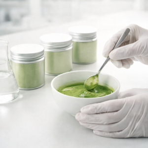 R&D technician in gloves mixing a matcha formulation sample in a lab bowl, with unlabeled sample jars on a clean white workbench.