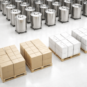 Top-down view of neatly arranged stainless steel food-grade containers and palletized cartons in a clean industrial facility, representing stable supply capacity.