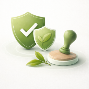 Clean 3D compliance visual representing food-grade quality standards and international certification readiness for matcha supply.