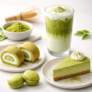 Matcha latte and matcha desserts on a minimal white background, showing premium matcha applications in beverages and bakery.