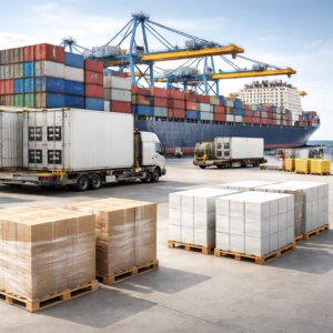 Modern shipping port with stacked containers, cargo ship, and palletized goods ready for export, representing reliable international logistics.