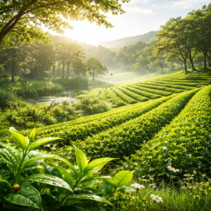 Sunlit tea plantation landscape with lush tea rows, trees, and natural ecosystem scenery, representing sustainable and eco-friendly tea farming.