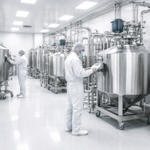 Cleanroom production facility with food-grade stainless steel equipment and workers in protective suits, showing hygienic standardized manufacturing.