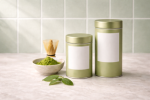 Unbranded matcha powder tins with bowl of green matcha and bamboo whisk