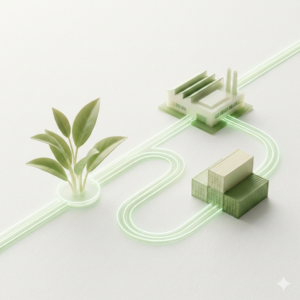 Minimal 3D traceability concept showing data flow linking a tea leaf, factory, and shipping containers in a green-and-white supply chain network.