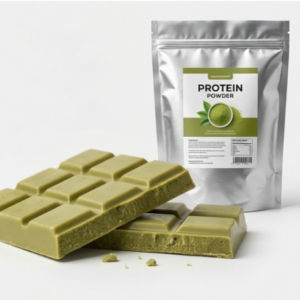 Matcha flavored protein powder packaging and matcha chocolate bar, typical applications for Grade C ingredients.