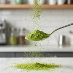 Spoon sprinkling cafe standard matcha powder showing fine texture and fresh green color.