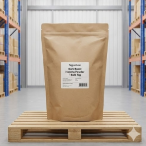 Large bulk kraft paper bag of hojicha powder standing on a pallet in a warehouse, representing professional wholesale supply capacity.