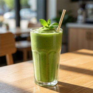 Delicious green matcha smoothie or frappe in a tall glass with mint garnish for summer menus.