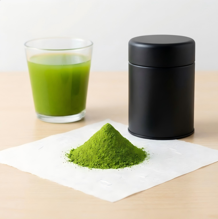 A precise pile of bright green premium ceremonial matcha powder on white paper next to a black tea canister and a glass of cold brew, ideal for high-end retail and private label.