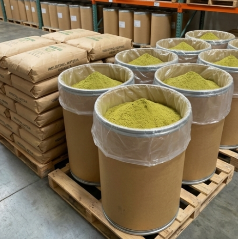 Large industrial fiber drums and bulk bags of matcha powder in a warehouse for food processing factories.