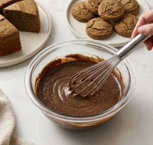 Baking preparation scene showing a whisk mixing dark hojicha batter next to freshly baked hojicha cookies and cake, demonstrating culinary versatility.