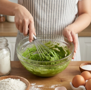 Baker whisking culinary matcha powder into batter, demonstrating smooth incorporation for pastries.