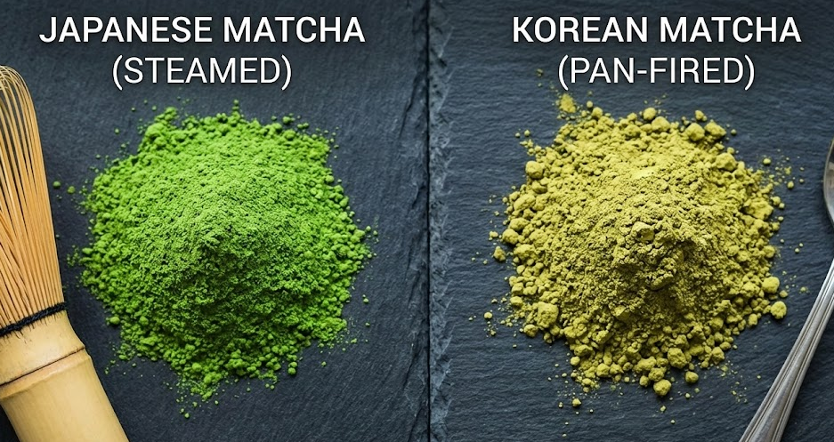A close-up comparison of Japanese and Korean matcha powder