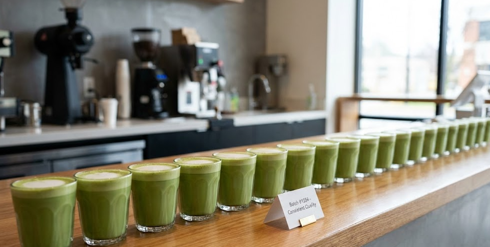 Consistent Matcha Color in Beverages Multiple cups of matcha lattes lined up, all showing the exact same vibrant green color