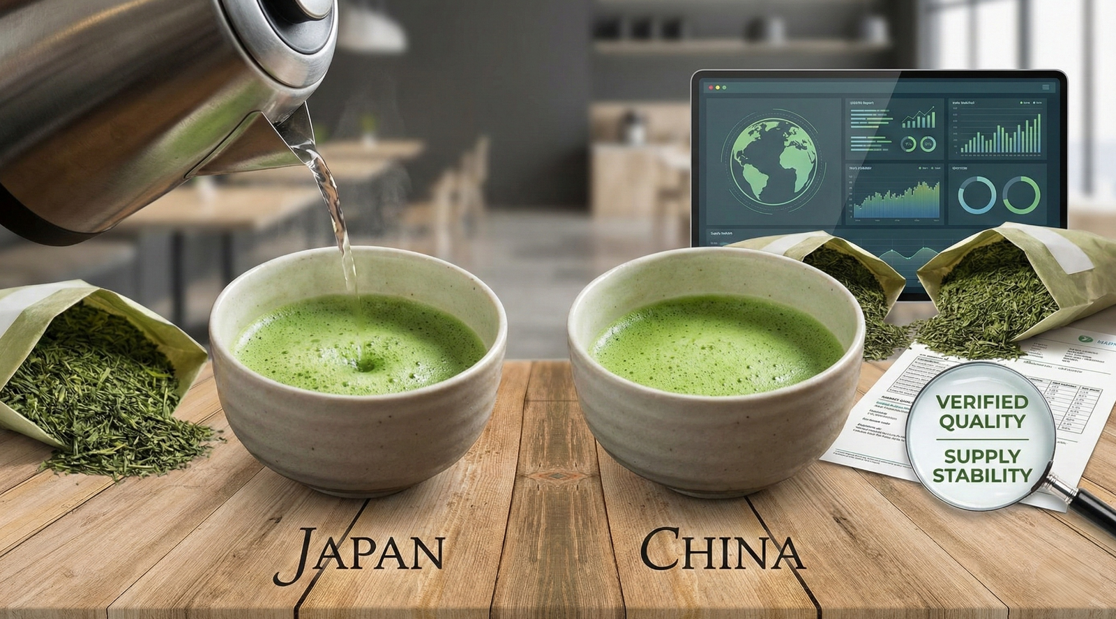 Japanese and Chinese matcha powder in bowls