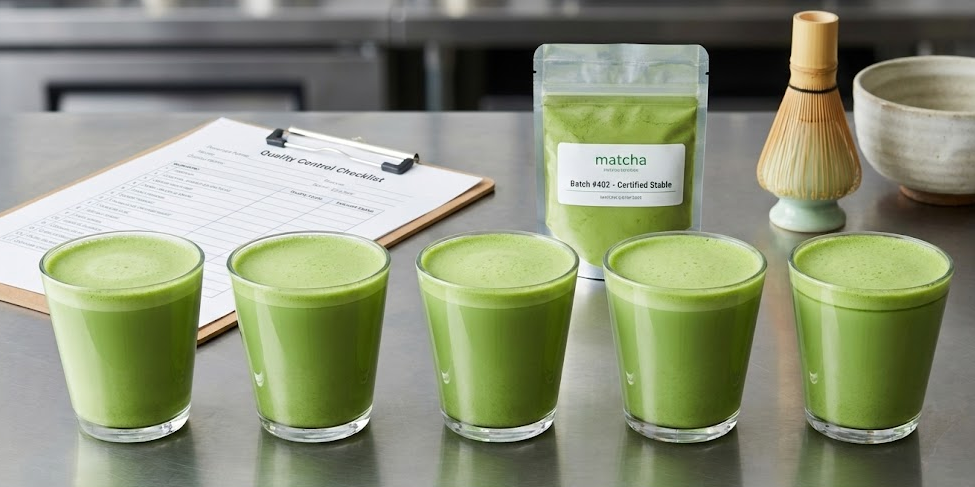 The Best Matcha is Stable Matcha A vibrant green cup of matcha latte next to a whisk and bowl