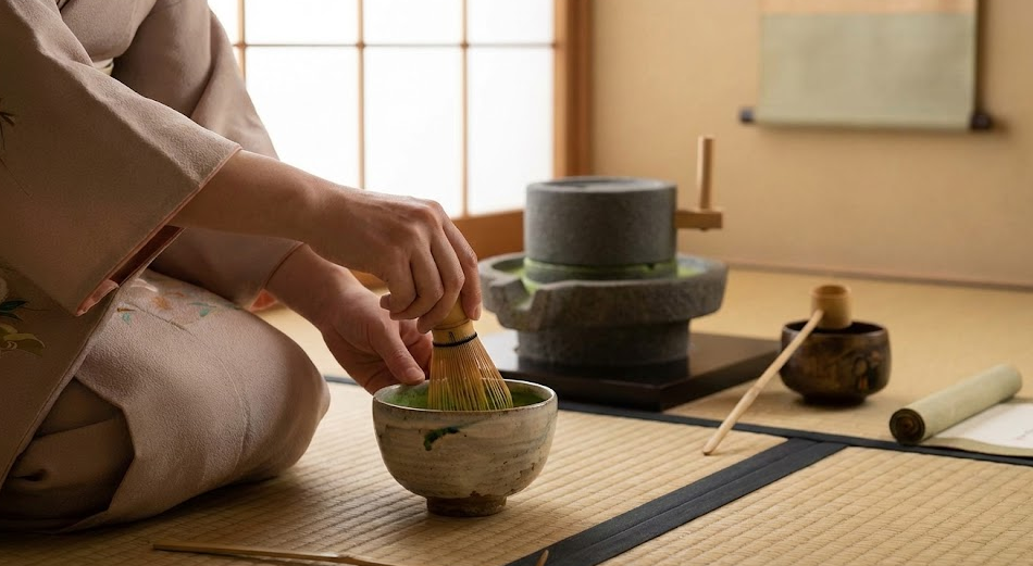 A traditional Japanese tea ceremony with stone-milled matcha