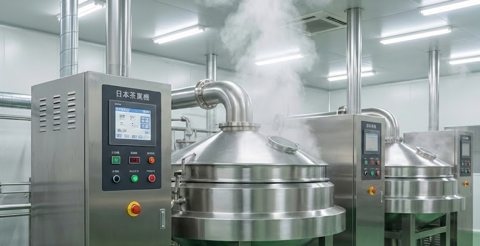 A modern, temperature-controlled matcha grinding mill in a cleanroom