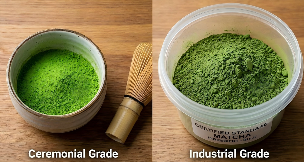Two different types of matcha powder, one fine and bright green, one for industrial use