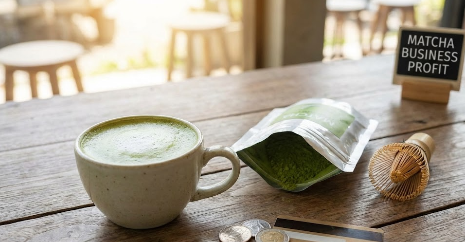 Profitability of Matcha Business A cup of matcha latte next to a bag of matcha powder