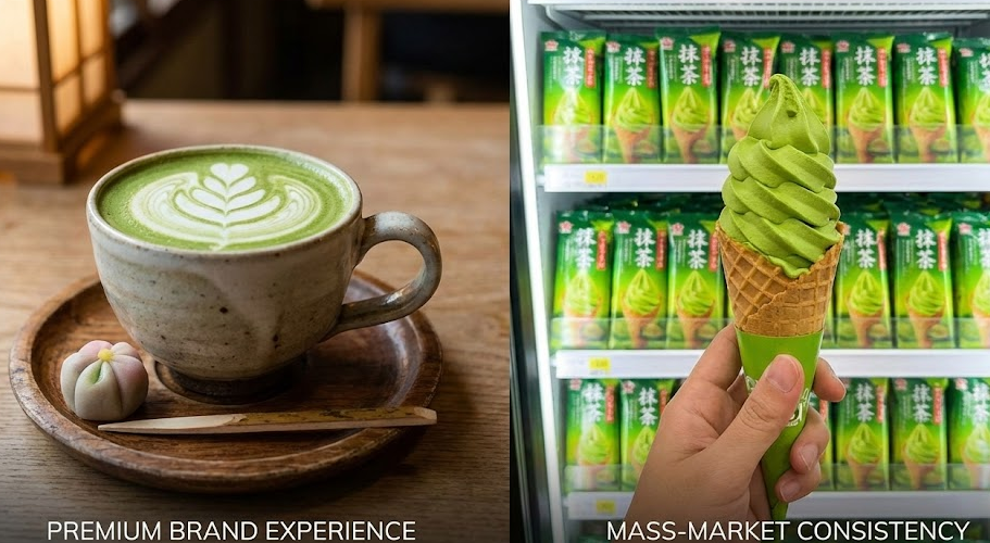 A split image showing a fancy matcha latte and a mass-produced matcha ice cream