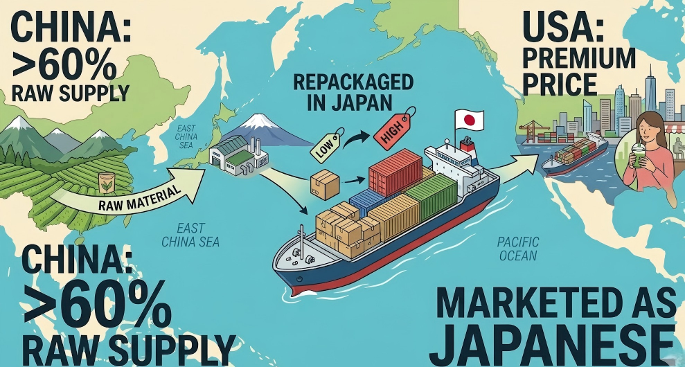A container ship with tea crates, suggesting global trade