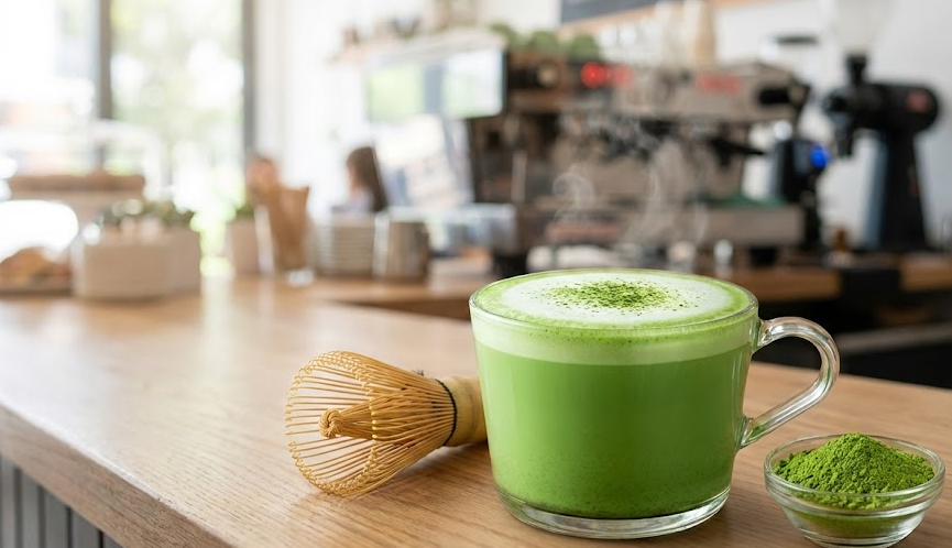Vibrant green matcha latte made with oat milk