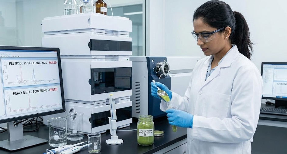 a person in a lab coat inspecting matcha powder under a microscope