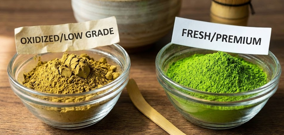 Risks in Matcha Business Oxidized, yellowish matcha powder next to fresh, green matcha powder