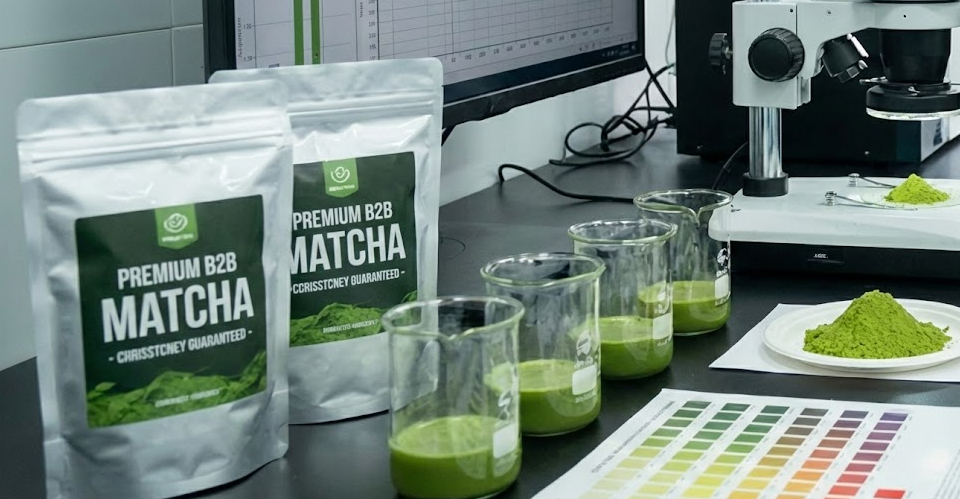 B2B Matcha Quality Control A B2B client inspecting matcha quality in a lab