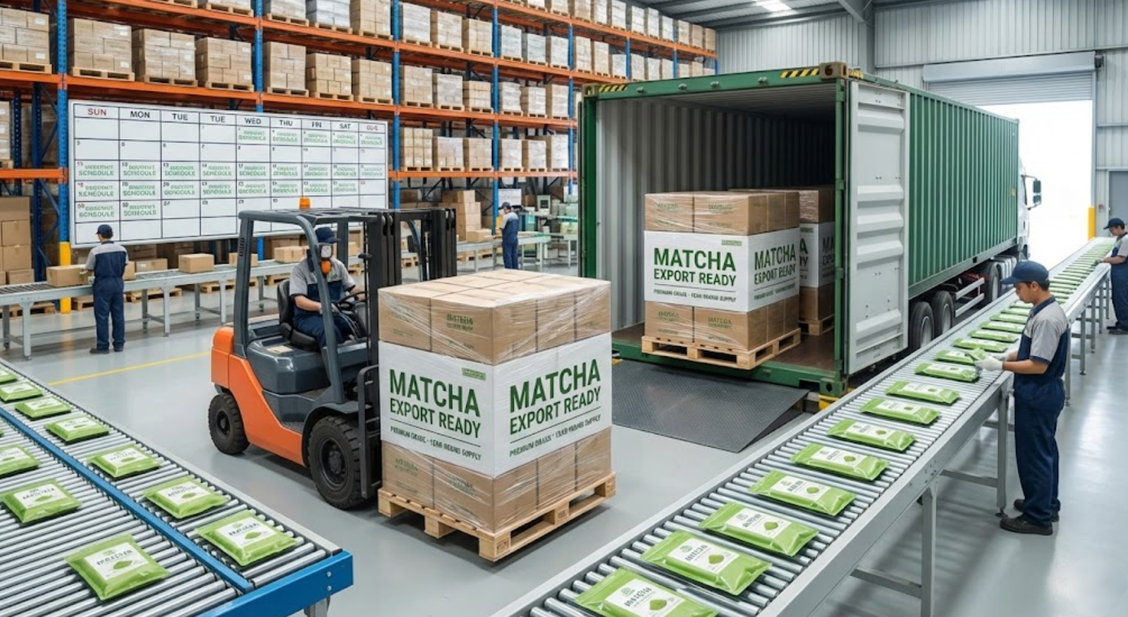 Warehouse with boxes of matcha ready for export