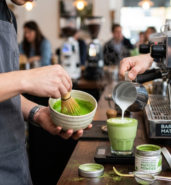 A barista making a matcha latte with bright green powder