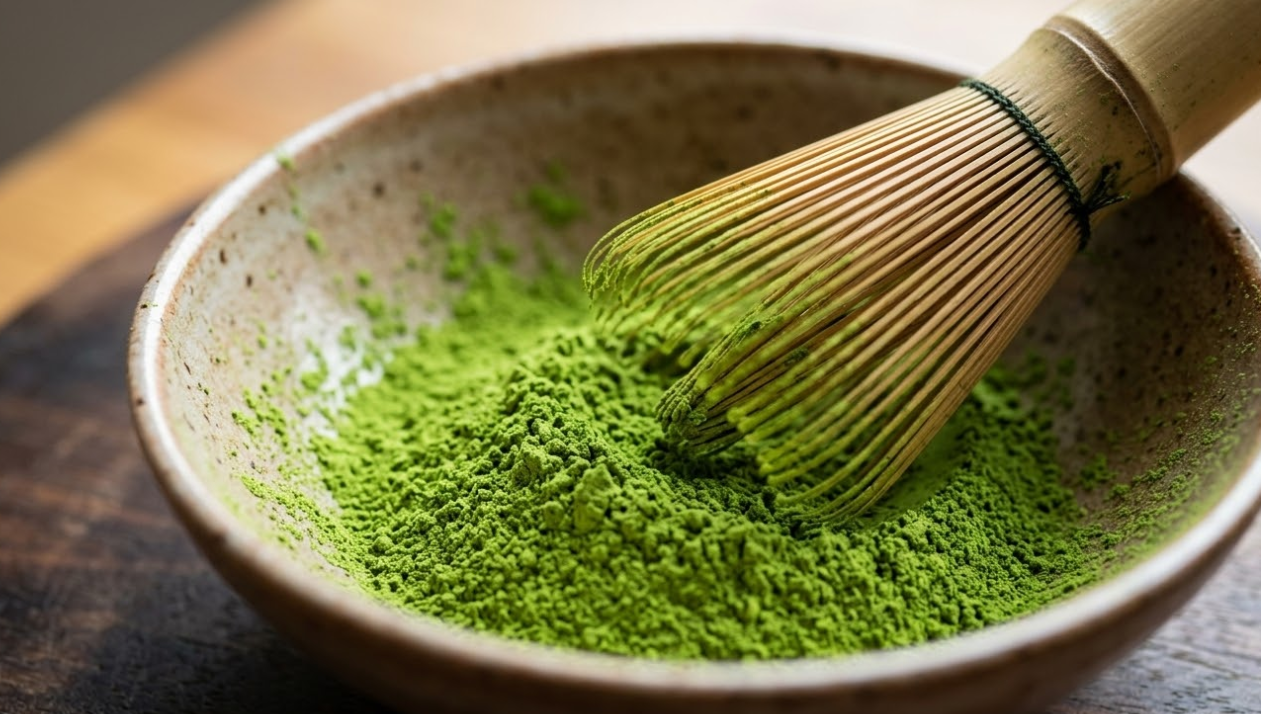 A close-up of vibrant green matcha powder with a whisk