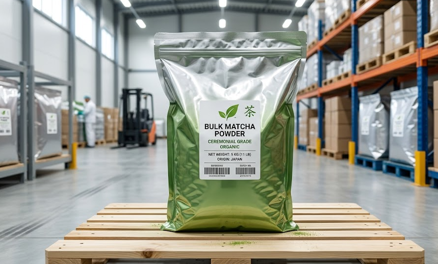 A large, sealed bulk foil bag of matcha in a clean warehouse setting