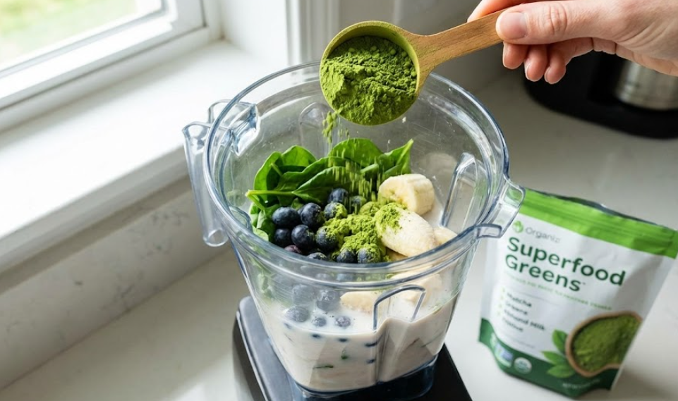 Adding matcha green powder to smoothie blender with fruits and greens.