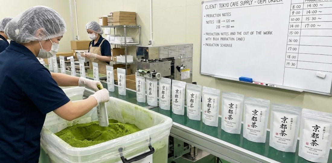 Matcha powder being packaged into bags with Japanese labels