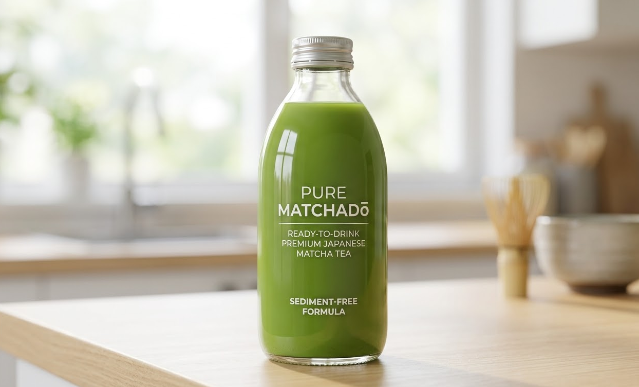 A clear bottle of RTD matcha drink showing no sedimentation