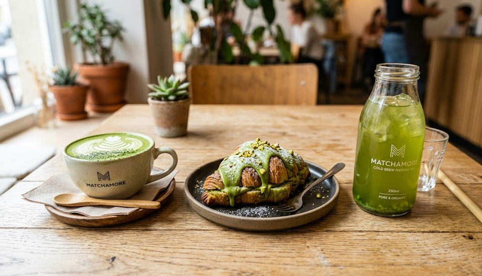 Application-Specific Matcha Grades A vibrant matcha latte, a green matcha croissant, and a clear bottle of matcha tea side-by-side