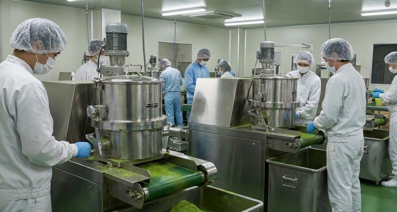 Close-up of matcha powder processing equipment