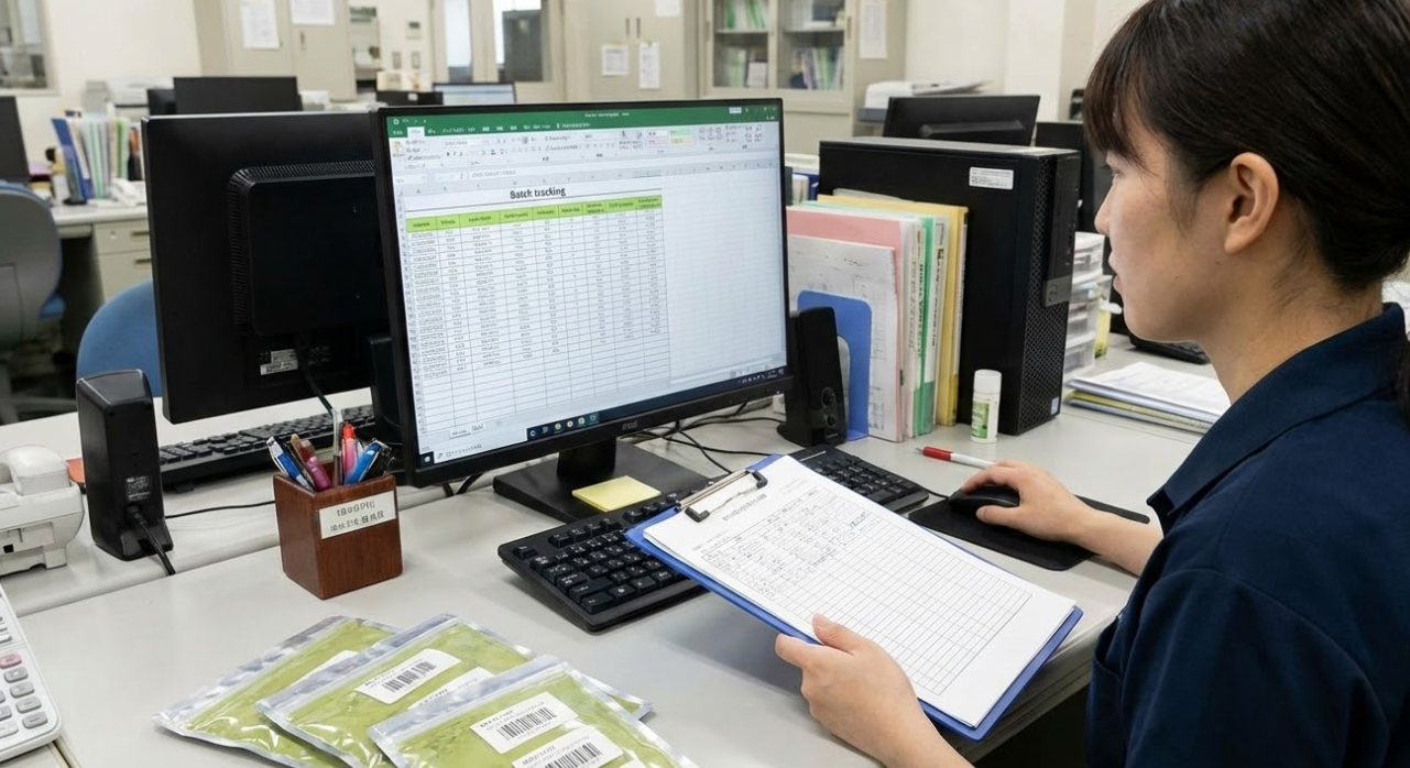 Quality control staff checking batch tracking data and matcha samples in an office.