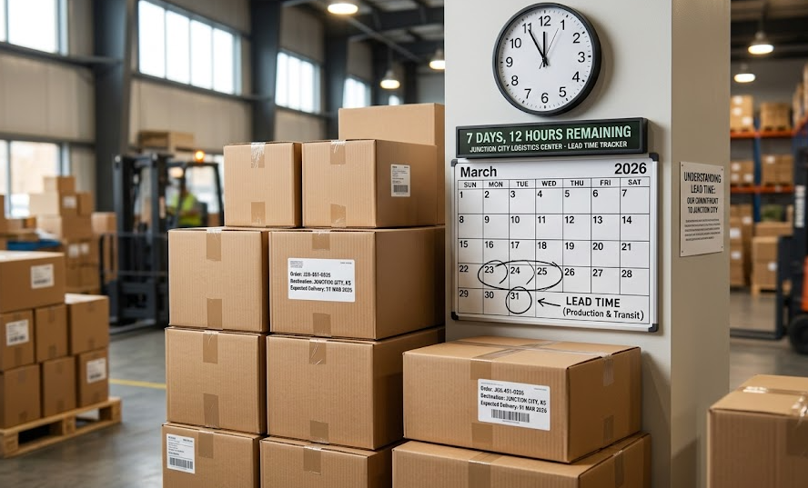 A calendar and a clock next to shipping boxes to represent lead time