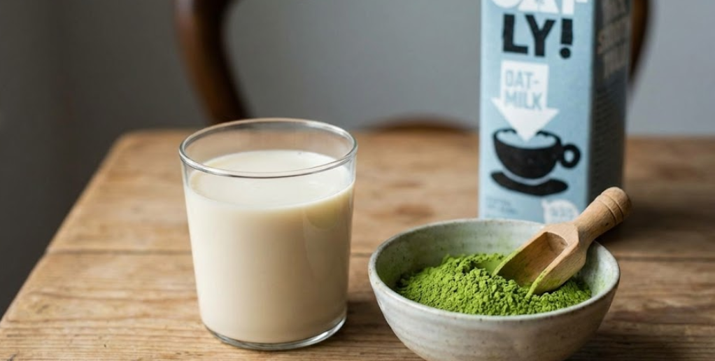Oat Milk and Matcha A glass of oat milk next to a bowl of matcha powder
